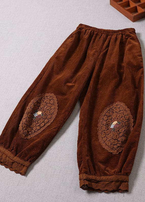 Simple Caramel Embroideried Pockets Corduroy Pants Winter