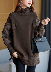 Simple Coffee Turtleneck Patchwork Loose Fall Knit sweaters