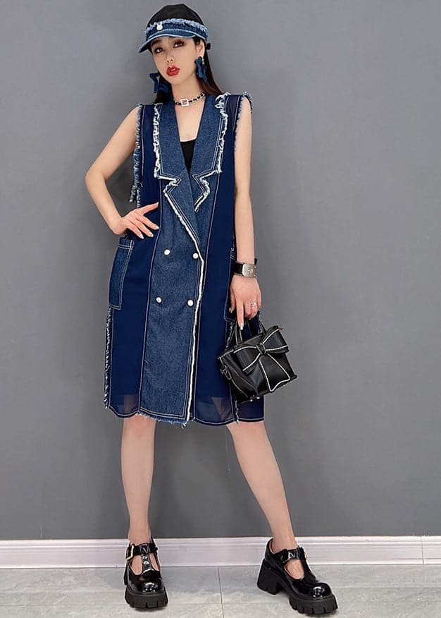 Simple Denim Blue Peter Pan Collar Tassel Patchwork Chiffon Mid Dresses Sleeveless