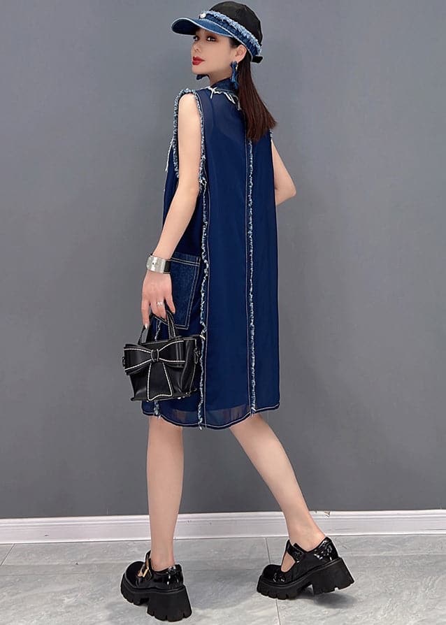 Simple Denim Blue Peter Pan Collar Tassel Patchwork Chiffon Mid Dresses Sleeveless