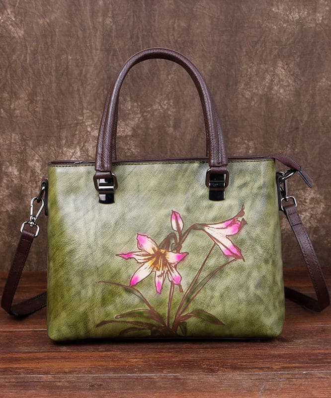 Simple Green Floral Paitings Calf Leather Tote Handbag