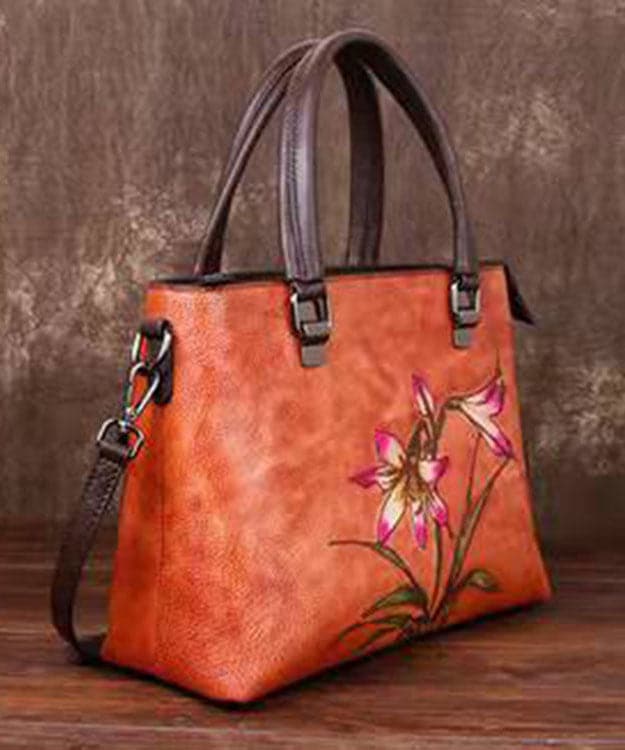 Simple Green Floral Paitings Calf Leather Tote Handbag