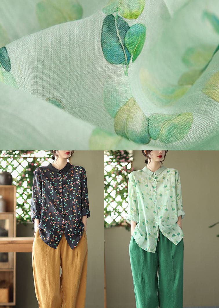 Simple Green Peter Pan Collar Print Ramie Shirt Long Sleeve