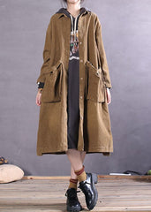 Simple Khaki Button side open Corduroy Coats Spring