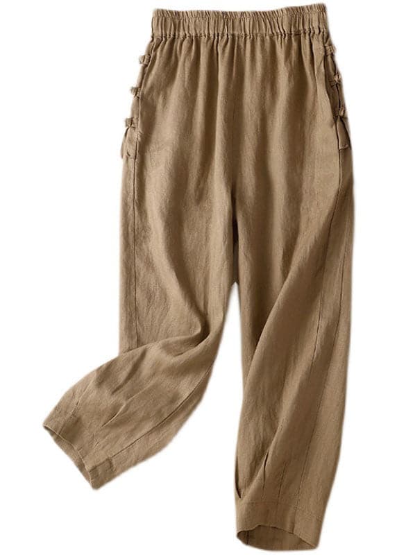 Simple Khaki Elastic Waist Oriental Button Solid Color Linen Harem Pants Trousers Summer