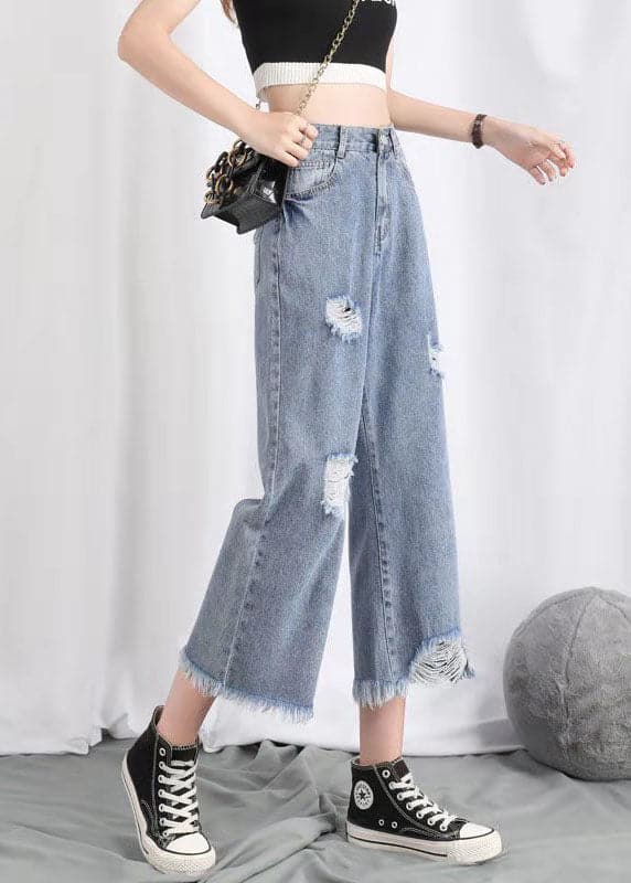 Einfache Hellblau Hohe Taille Loch Taschen Baumwolle Denim Gerade Hosen Sommer