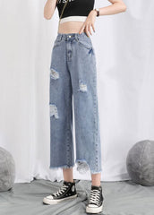 Einfache Hellblau Hohe Taille Loch Taschen Baumwolle Denim Gerade Hosen Sommer