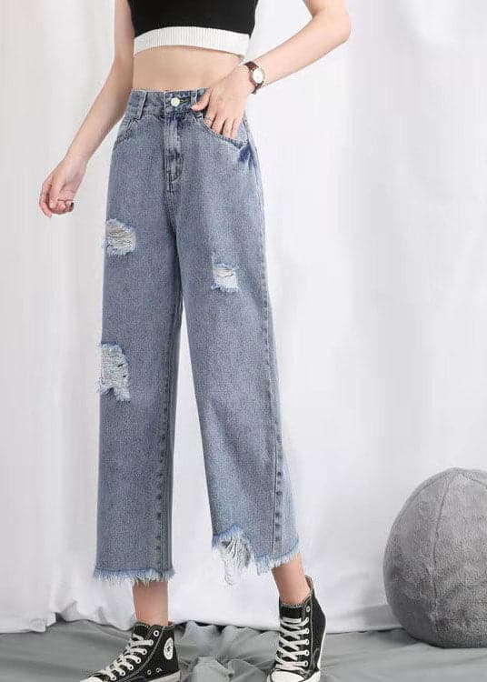 Einfache Hellblau Hohe Taille Loch Taschen Baumwolle Denim Gerade Hosen Sommer