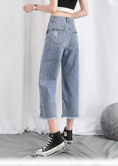 Einfache Hellblau Hohe Taille Loch Taschen Baumwolle Denim Gerade Hosen Sommer