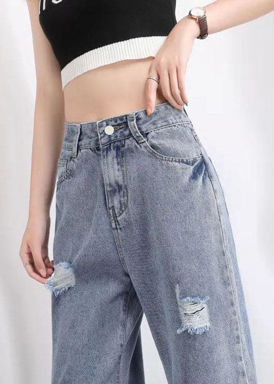 Einfache Hellblau Hohe Taille Loch Taschen Baumwolle Denim Gerade Hosen Sommer