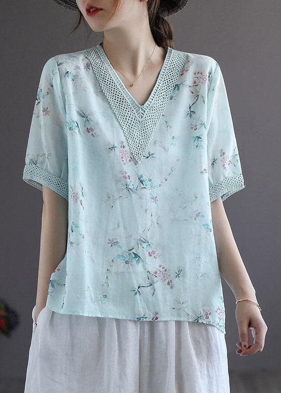 Simple Light Green V-Neck Print Floral Summer Ramie Shirt Top Short Sleeve