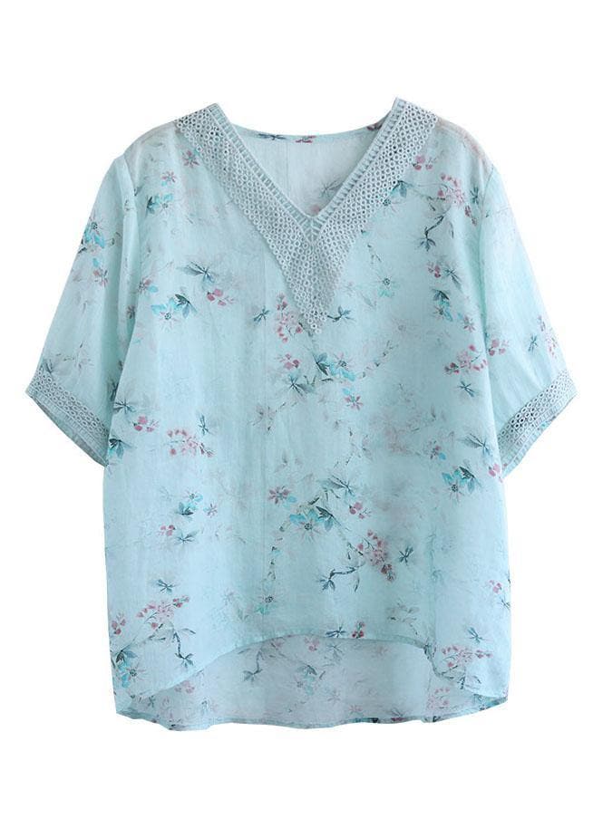 Simple Light Green V-Neck Print Floral Summer Ramie Shirt Top Short Sleeve