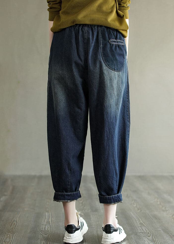 Pantalon sarouel en denim de coton à rayures à taille élastique bleu marine simple printemps