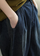 Pantalon sarouel en denim de coton à rayures à taille élastique bleu marine simple printemps