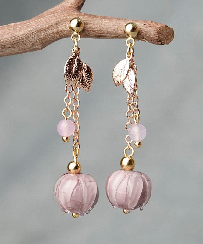 Boucles d'oreilles pendantes simples en métal émaillé de couleur rose