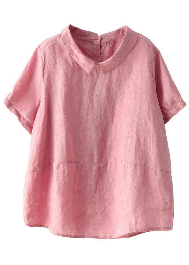 Simple Pink Peter Pan Collar Patchwork Summer Linen Blouses