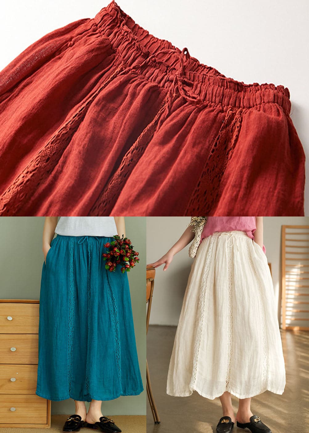 Simple Red lace Patchwork Linen Skirt Spring