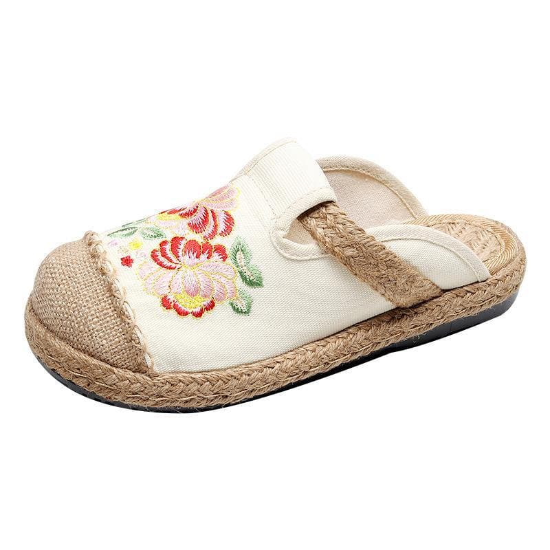 Simple Splicing Flat Shoes Beige Embroideried Cotton Linen Fabric