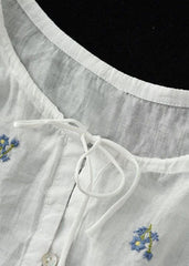 Simple White Embroideried O-Neck Summer Ramie Tops Half Sleeve