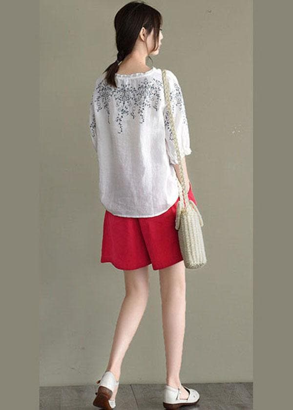 Simple White Loose O-Neck Embroideried Summer Linen Blouse Top