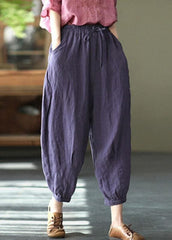 Simple Yellow Retro High Waist Pockets Summer Pants Linen