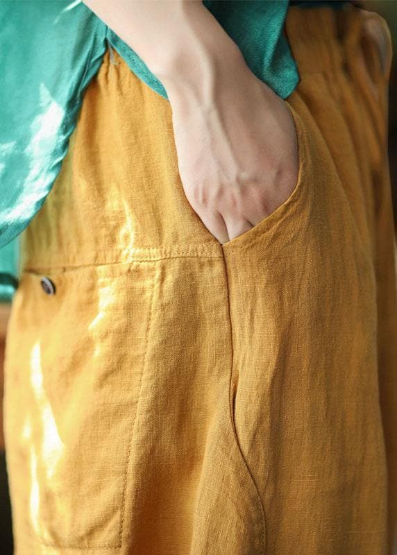 Simple Yellow Retro High Waist Pockets Summer Pants Linen