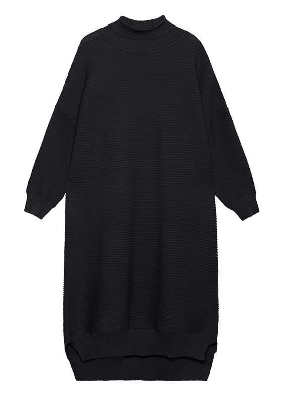 Tenues simples de pull noir Largo col haut bas haut design Art automne robe en tricot