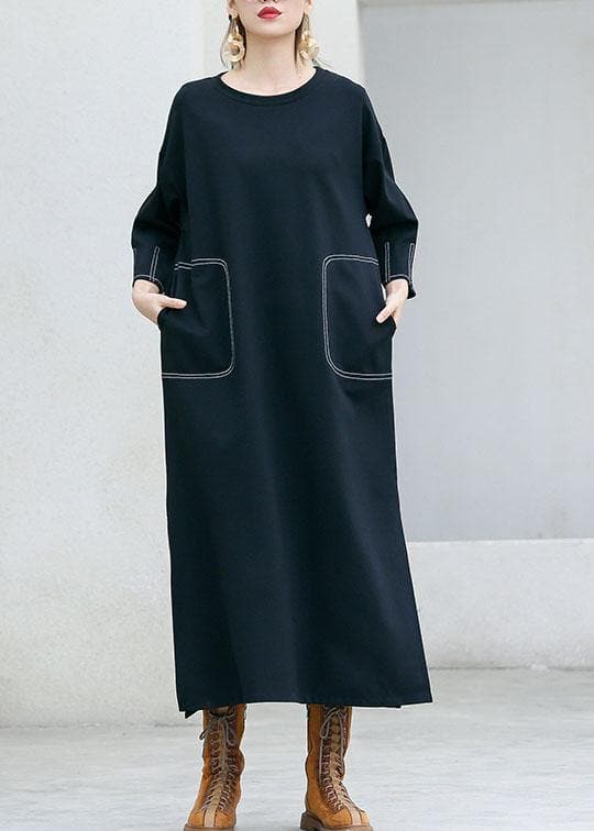 Simple black cotton clothes For Women side open Traveling fall Dresses