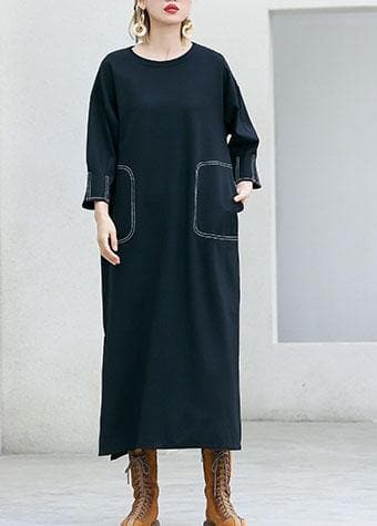 Simple black cotton clothes For Women side open Traveling fall Dresses