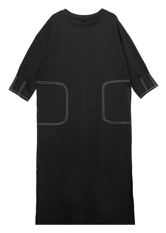 Simple black cotton clothes For Women side open Traveling fall Dresses