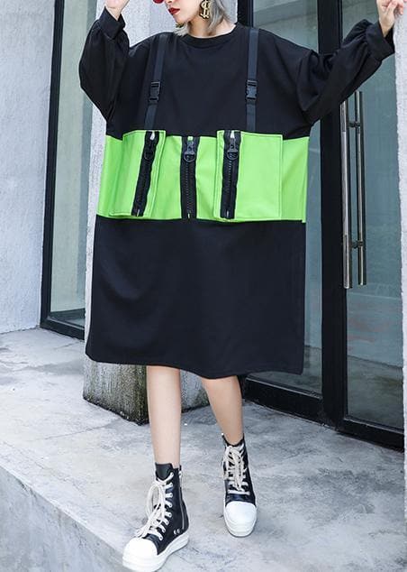 Robe tunique simple en coton vert patchwork noir à col rond avec fermeture éclair au genou