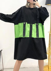 Robe tunique simple en coton vert patchwork noir à col rond avec fermeture éclair au genou