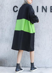 Robe tunique simple en coton vert patchwork noir à col rond avec fermeture éclair au genou