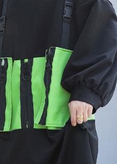 Robe tunique simple en coton vert patchwork noir à col rond avec fermeture éclair au genou