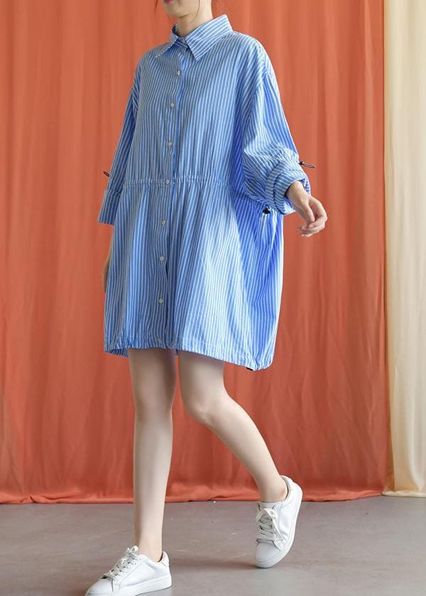 Simple blue Cotton dresses drawstring Knee fall Shirt Dresses