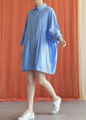 Simple blue Cotton dresses drawstring Knee fall Shirt Dresses