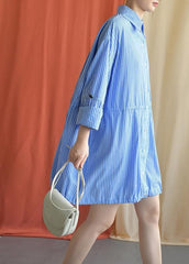 Simple blue Cotton dresses drawstring Knee fall Shirt Dresses