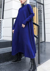 Simple blue Sweater dress outfit Street Style high neck pockets Ugly knit dresses