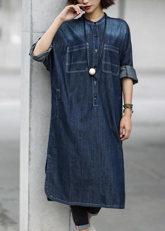 Simple cotton dress Fitted Blue Autumn Casual Cotton Solid Slit Denim Dress