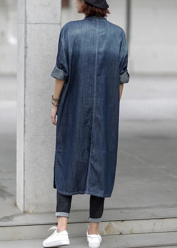 Simple cotton dress Fitted Blue Autumn Casual Cotton Solid Slit Denim Dress