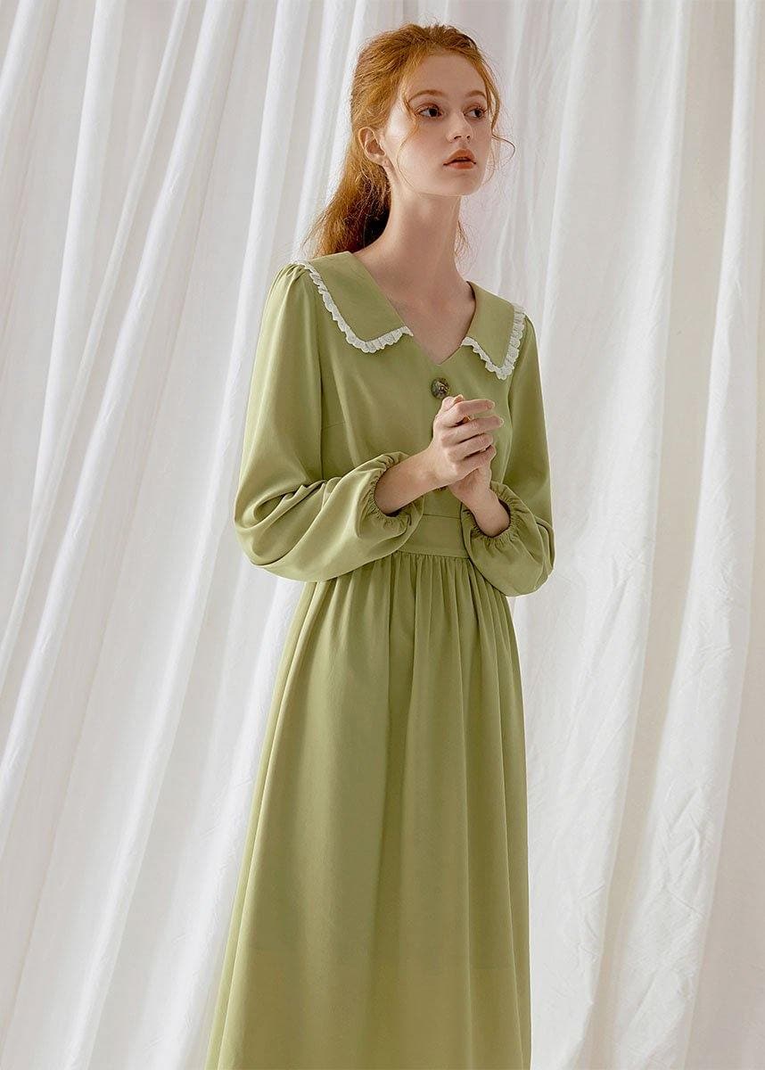 Simple green blended Wardrobes Peter pan Collar Dresses fall Dress