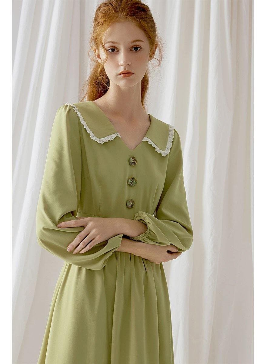 Simple green blended Wardrobes Peter pan Collar Dresses fall Dress