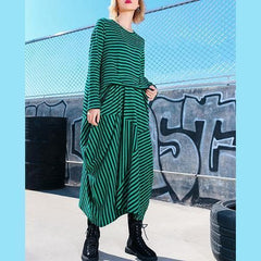 Simple green striped cotton Tunics Korea Photography asymmetric Maxi Dresses