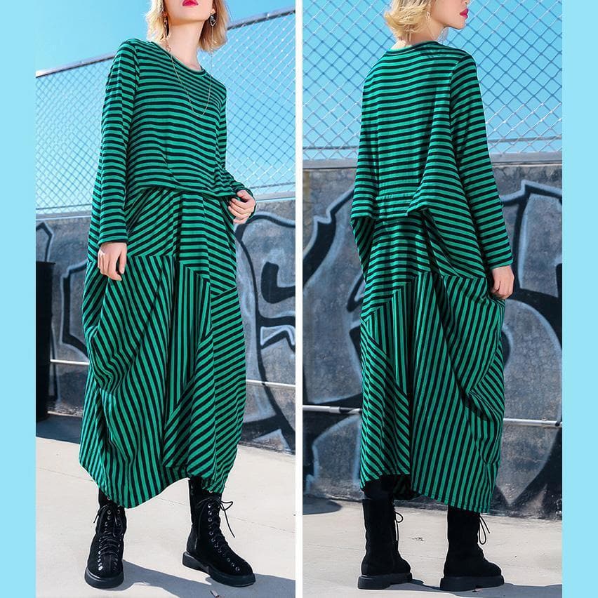 Simple green striped cotton Tunics Korea Photography asymmetric Maxi Dresses