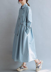 Simple lapel asymmetric cotton Wardrobes Shirts blue cotton robes Dresses fall