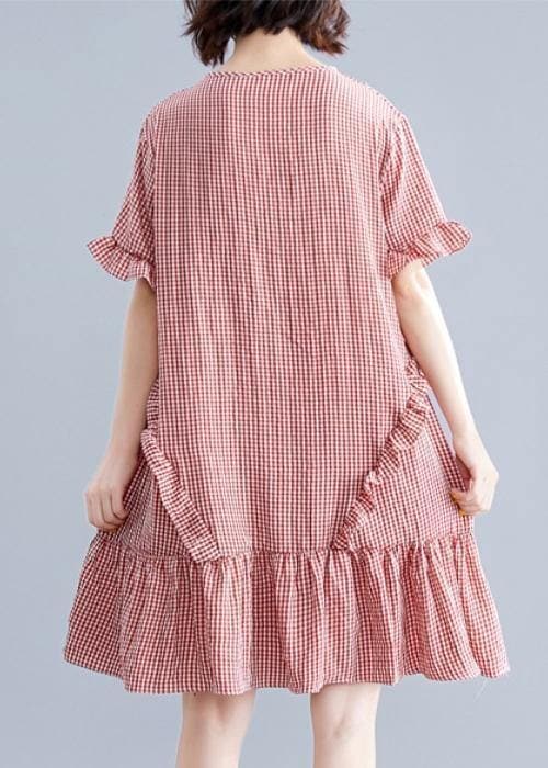 Simple o neck Ruffles Cotton clothes Inspiration red plaid Dress