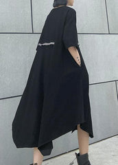 Simple o neck asymmetric Cotton summer clothes Work black Dresses