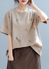 Simple o neck top Work brown embroidery tops