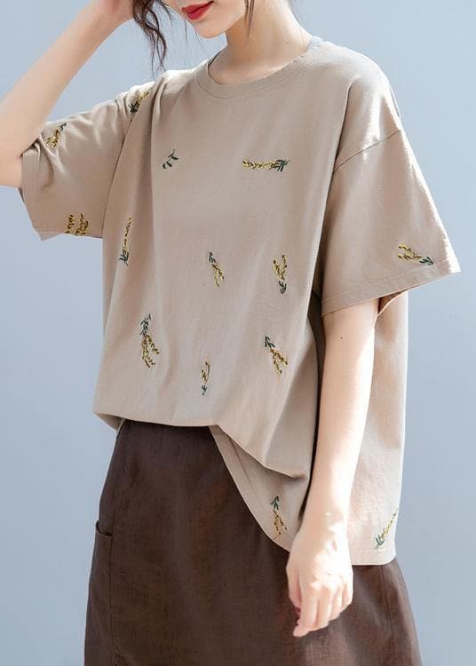 Simple o neck top Work brown embroidery tops