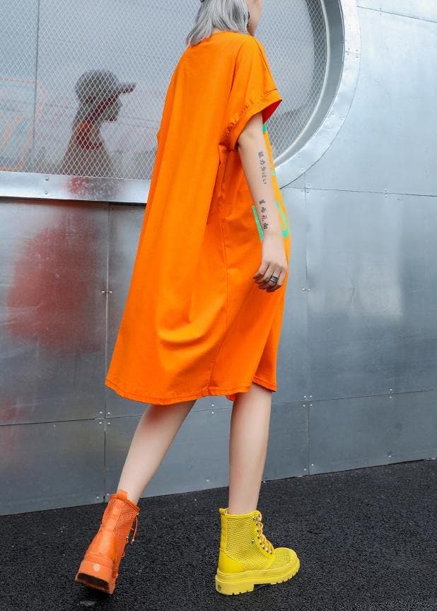 Simple orange print Cotton o neck stylish baggy summer Dresses